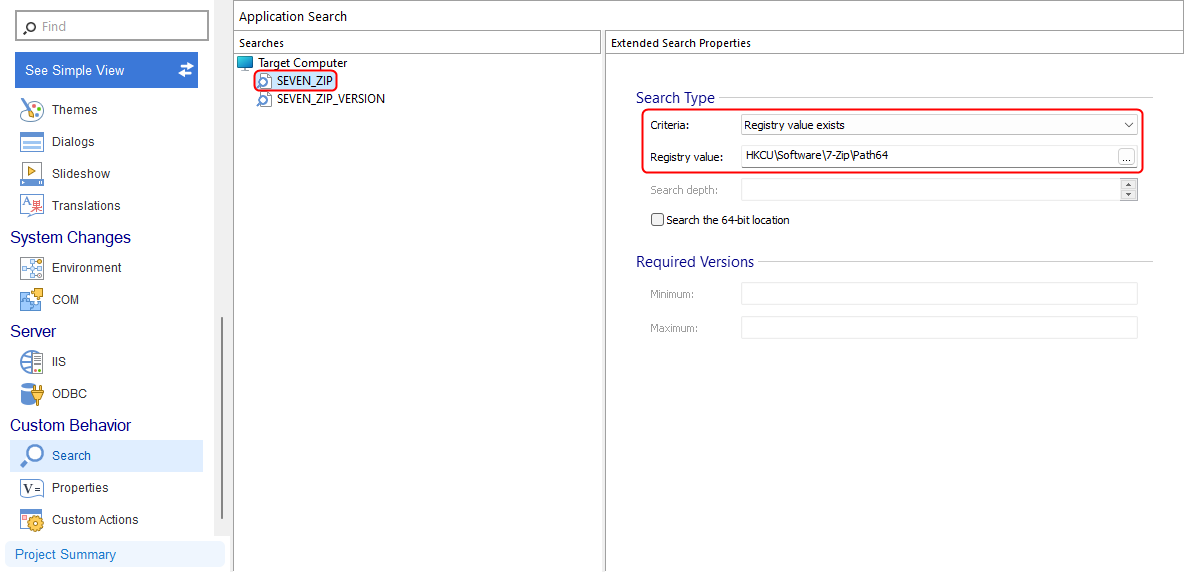Custom Properties - Search view with registry search